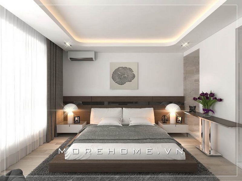 Giường ngủ gỗ công nghiệp màu nâu chủ đạo được lựa chọn làm điểm nhấn nổi bật cho cả căn phòng ngủ chung cư hiện đại